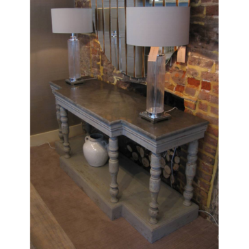 A contemporary breakfront console table with grey stone top and distressed paint finish. 180cms wide x 60cms deep x 85cms high. £2,680