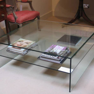 Square glass coffee table. 100cms sq. x 43cms high. £1,485 Custom sizes available